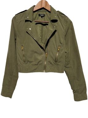 Bik Bok Olive Cropped Moto Jacket Utility Military Green Small
